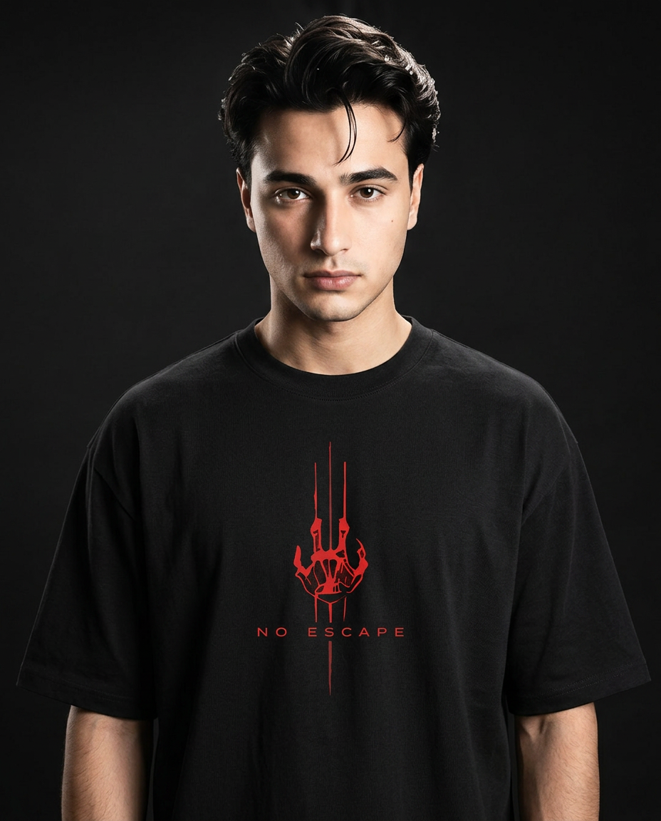 Zero Percentile "No Escape" Oversized Graphic T-Shirt | Red Cyberpunk Back Print | 240 GSM 100% Cotton Premium Streetwear Tee| Men