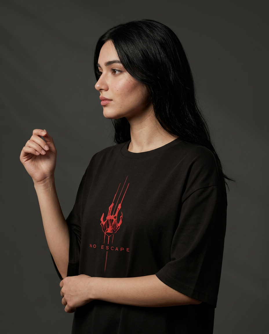 Zero Percentile "No Escape" Oversized Graphic T-Shirt | Red Cyberpunk Back Print | 240 GSM 100% Cotton Premium Streetwear Tee| Women