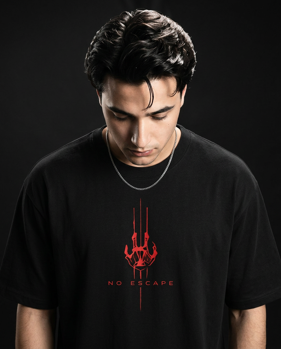 Zero Percentile "No Escape" Oversized Graphic T-Shirt | Red Cyberpunk Back Print | 240 GSM 100% Cotton Premium Streetwear Tee| Men