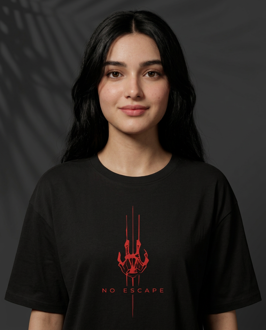Zero Percentile "No Escape" Oversized Graphic T-Shirt | Red Cyberpunk Back Print | 240 GSM 100% Cotton Premium Streetwear Tee| Women