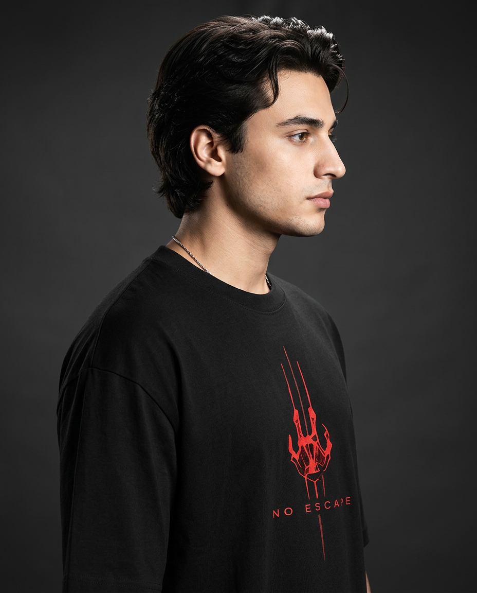 Zero Percentile "No Escape" Oversized Graphic T-Shirt | Red Cyberpunk Back Print | 240 GSM 100% Cotton Premium Streetwear Tee| Men