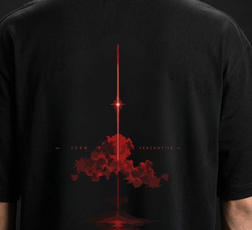 A man viewed from behind wearing a black t-shirt with a red graphic print on the back depicting a sword piercing clouds and water, with the text 'DEAD PRESENTMENT'.