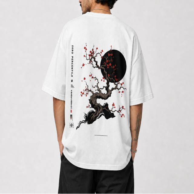 A man viewed from behind wearing a white t-shirt with a large graphic print of a gnarled tree with red blossoms and a black full moon on the back, featuring the brand name 'ZERO PERCENTILE'.
