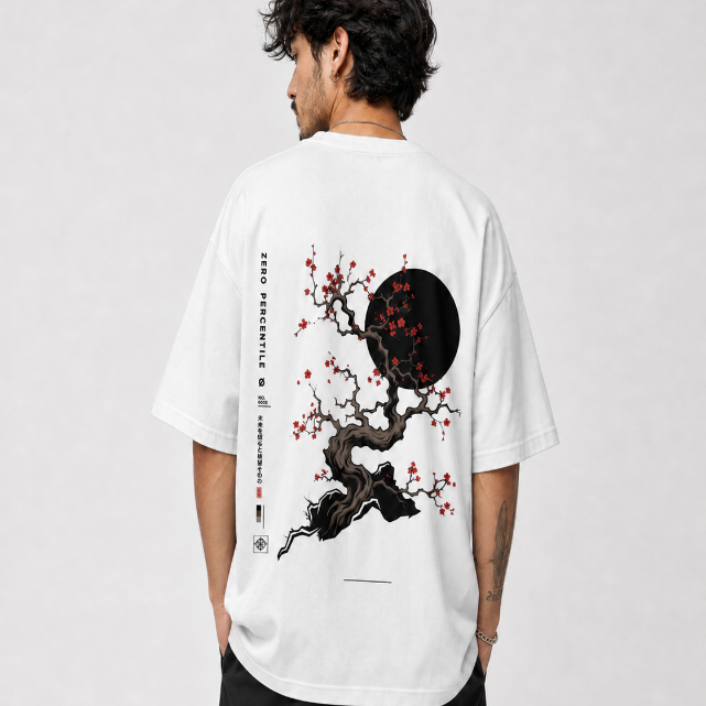 A man viewed from behind wearing a white t-shirt with a large graphic print of a gnarled tree with red blossoms and a black full moon on the back, featuring the brand name 'ZERO PERCENTILE'.