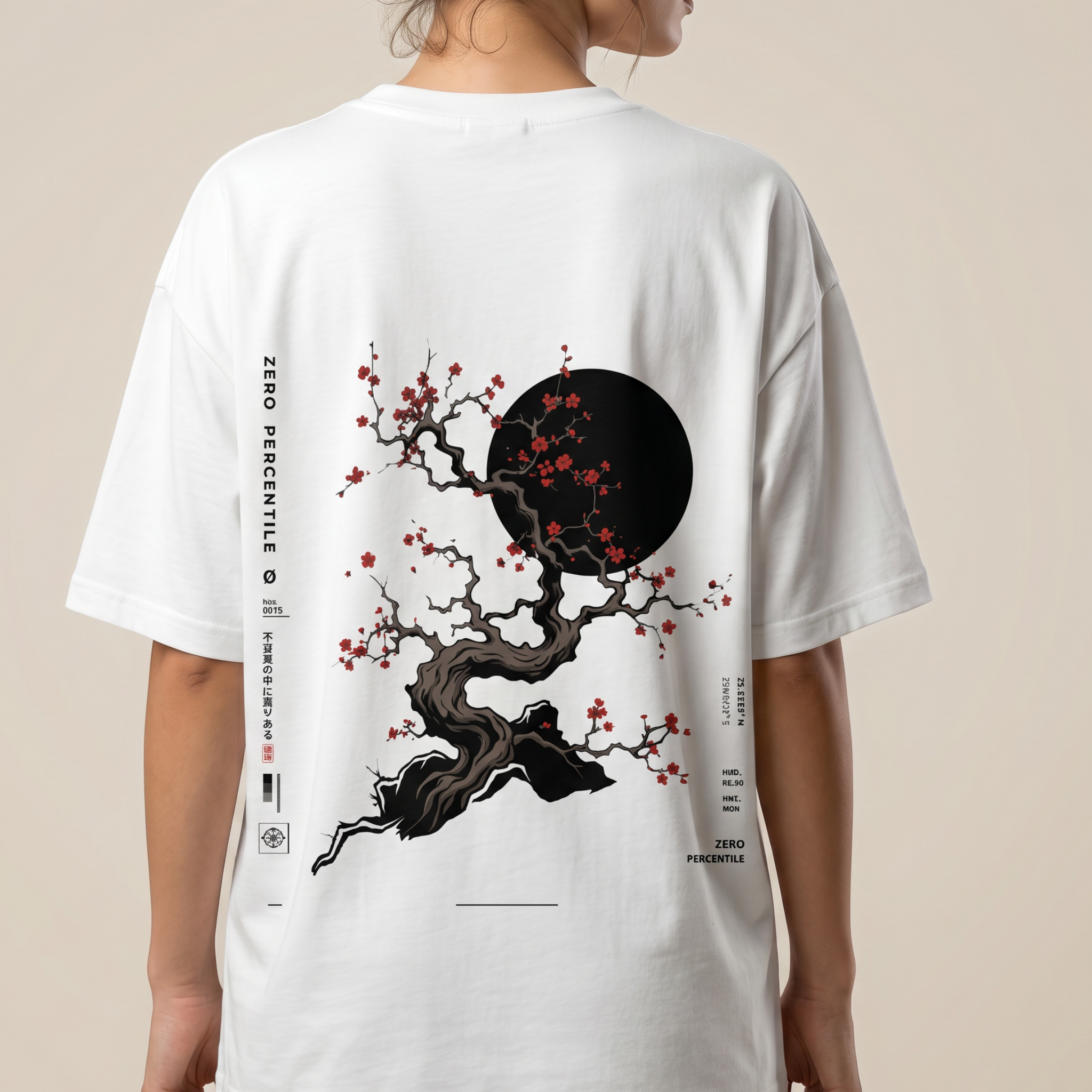 A person wearing a white oversized T-shirt shown from the back, featuring a large graphic print of a gnarled black tree with red blossoms and a black full moon, plus vertical text on the sleeves.
