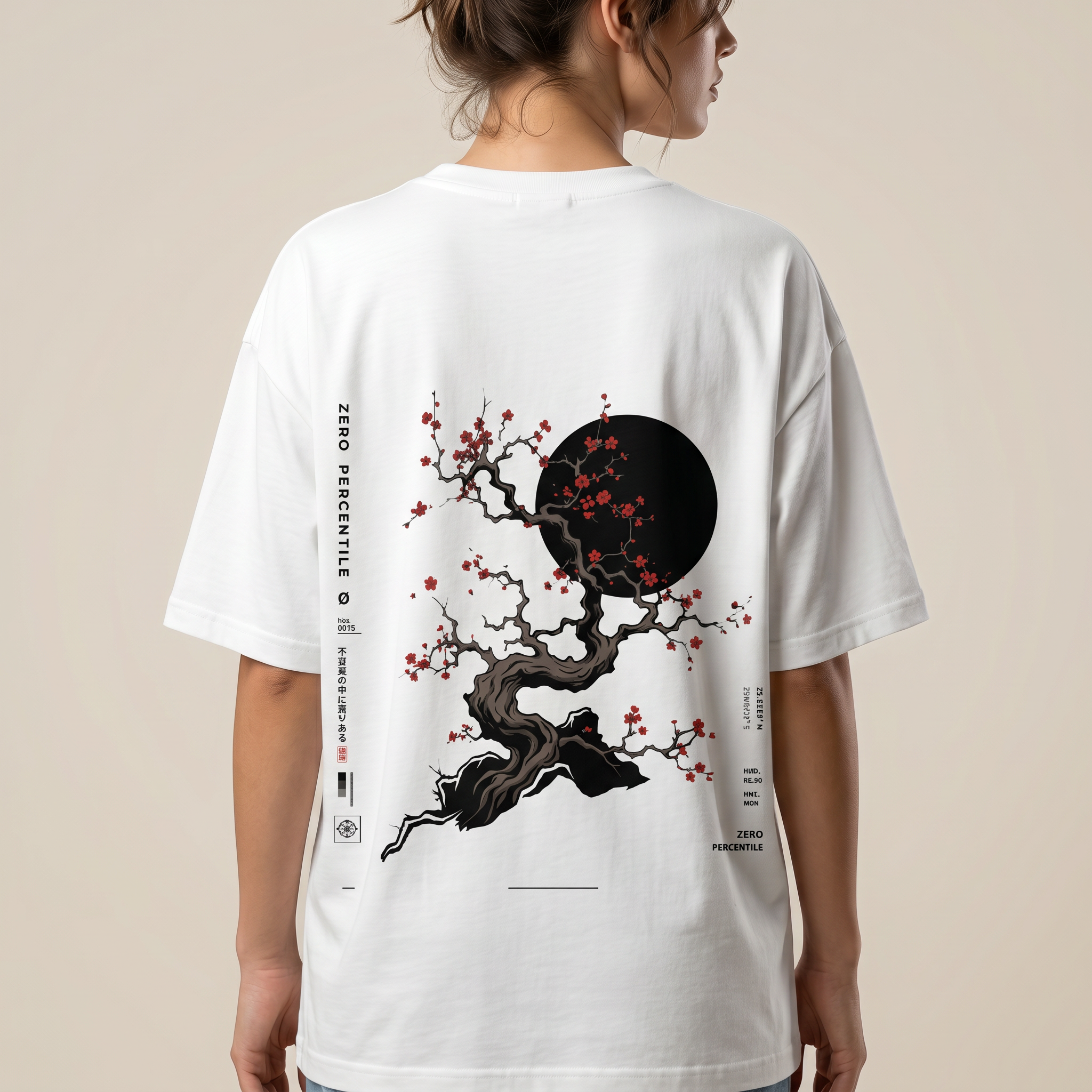 A woman shown from the back wearing an oversized white t-shirt with a large graphic print of a bonsai tree, red blossoms, and a black full moon on the back.