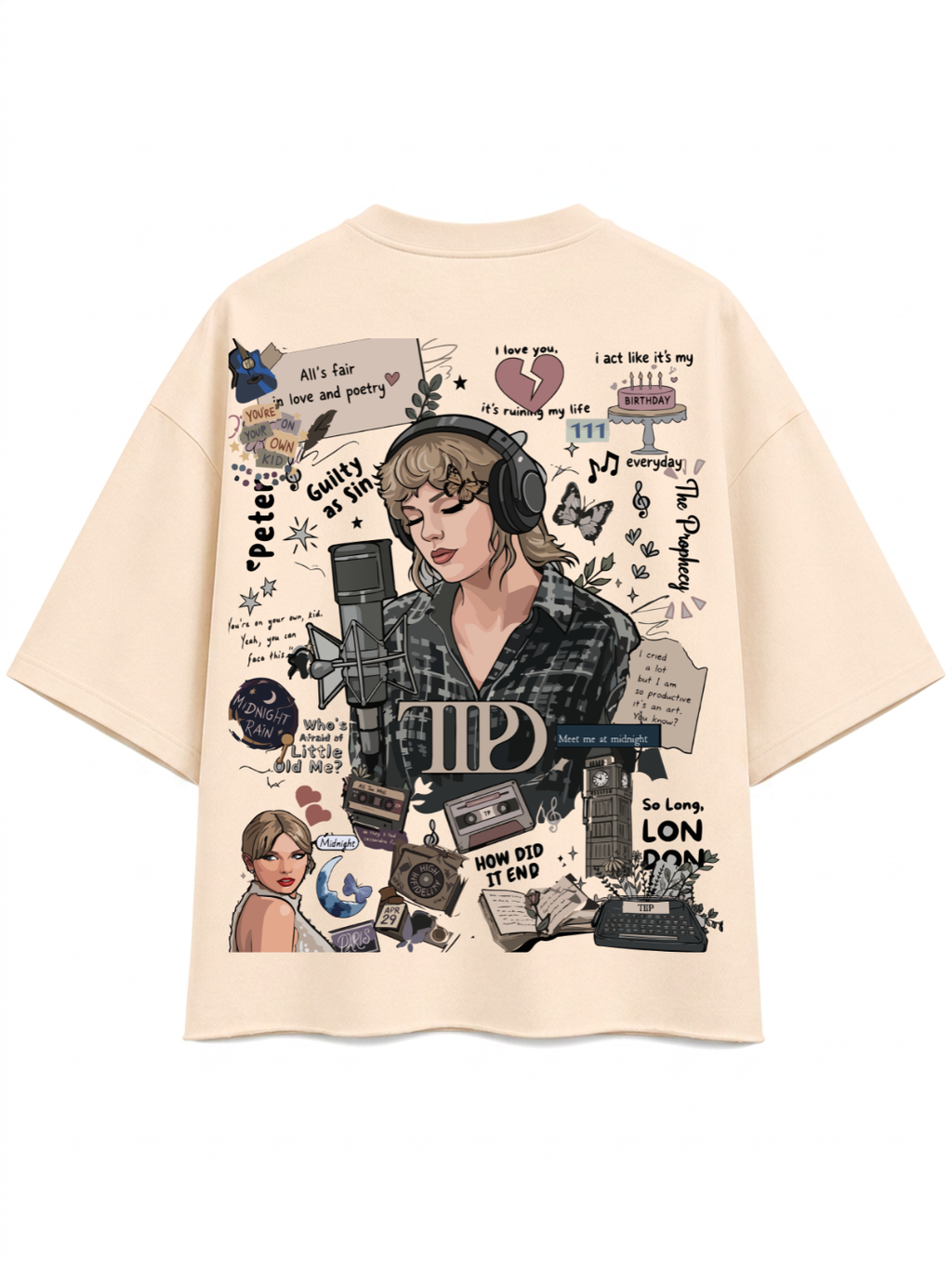 Vintage Singer-Inspired Scrapbook Graphic Boxy Fit T-Shirt | 240 GSM Premium Cotton