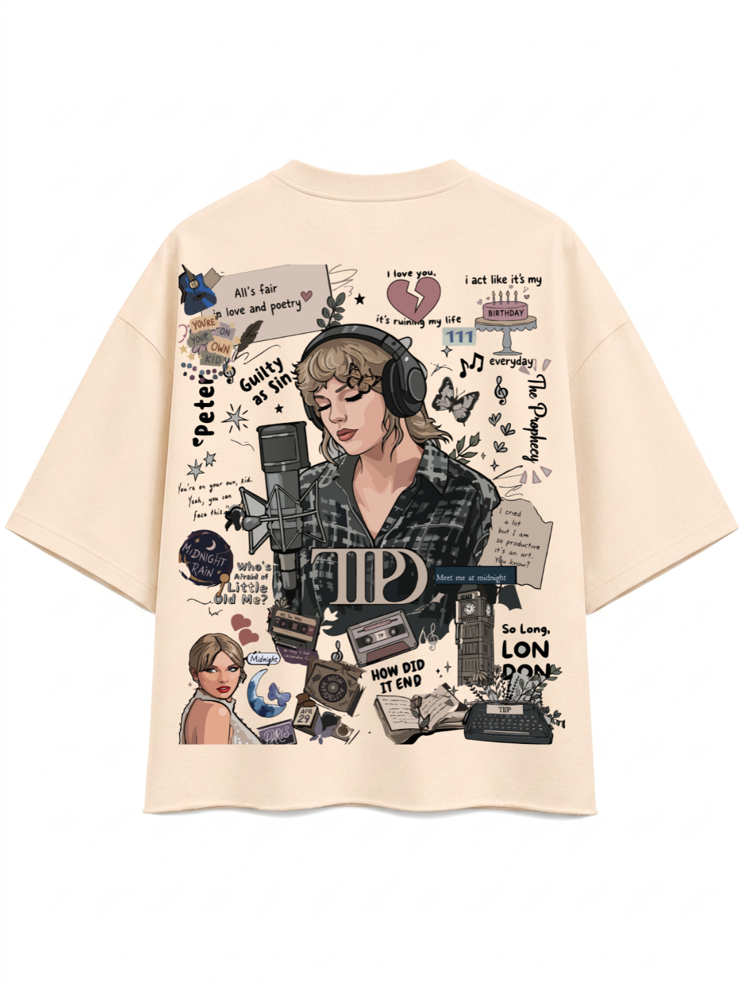 Vintage Singer-Inspired Scrapbook Graphic Boxy Fit T-Shirt | 240 GSM Premium Cotton