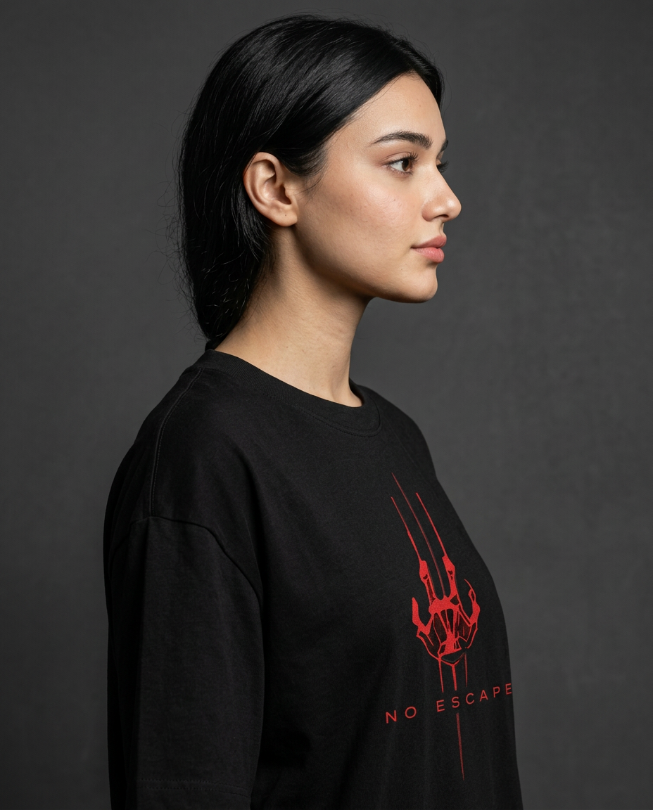 Zero Percentile "No Escape" Oversized Graphic T-Shirt | Red Cyberpunk Back Print | 240 GSM 100% Cotton Premium Streetwear Tee| Women